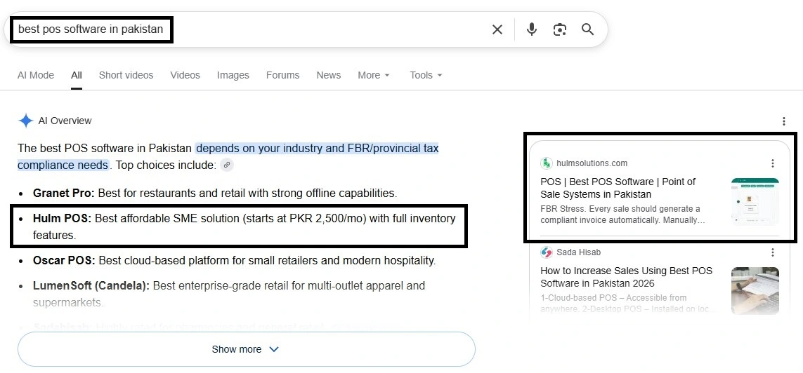 google ai overview screenshot for hulm pos case study